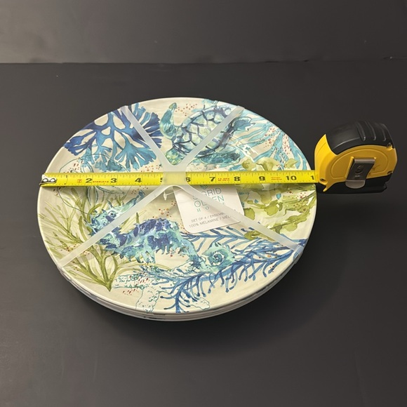 5pc SIGRID OLSEN Blue and Green Coastal Art Bowl & Dinner Plate Set - Melamine - Picture 9 of 10